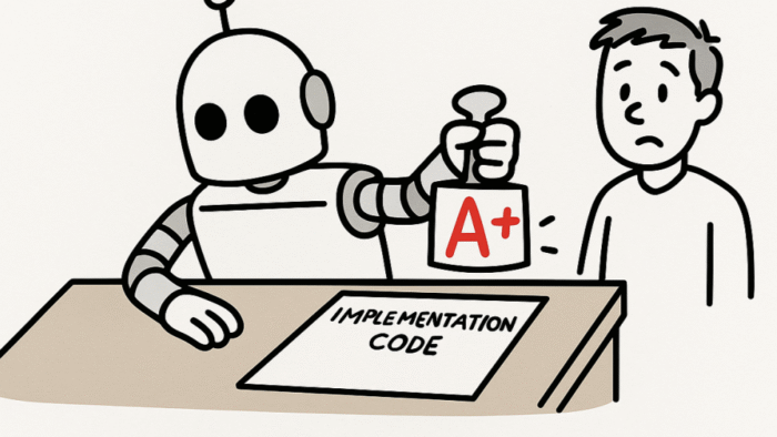A robot stamping a sheet of paper labeled "implementation code" with an A+